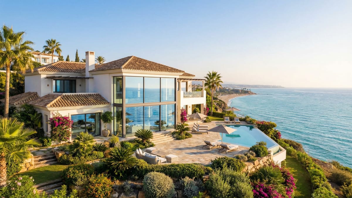 Moderni Välimeren villa Costa del Solilla, suurilla lasi-ikkunoilla ja vehreällä maisemalla, rauhoittava aamuvalaistus.