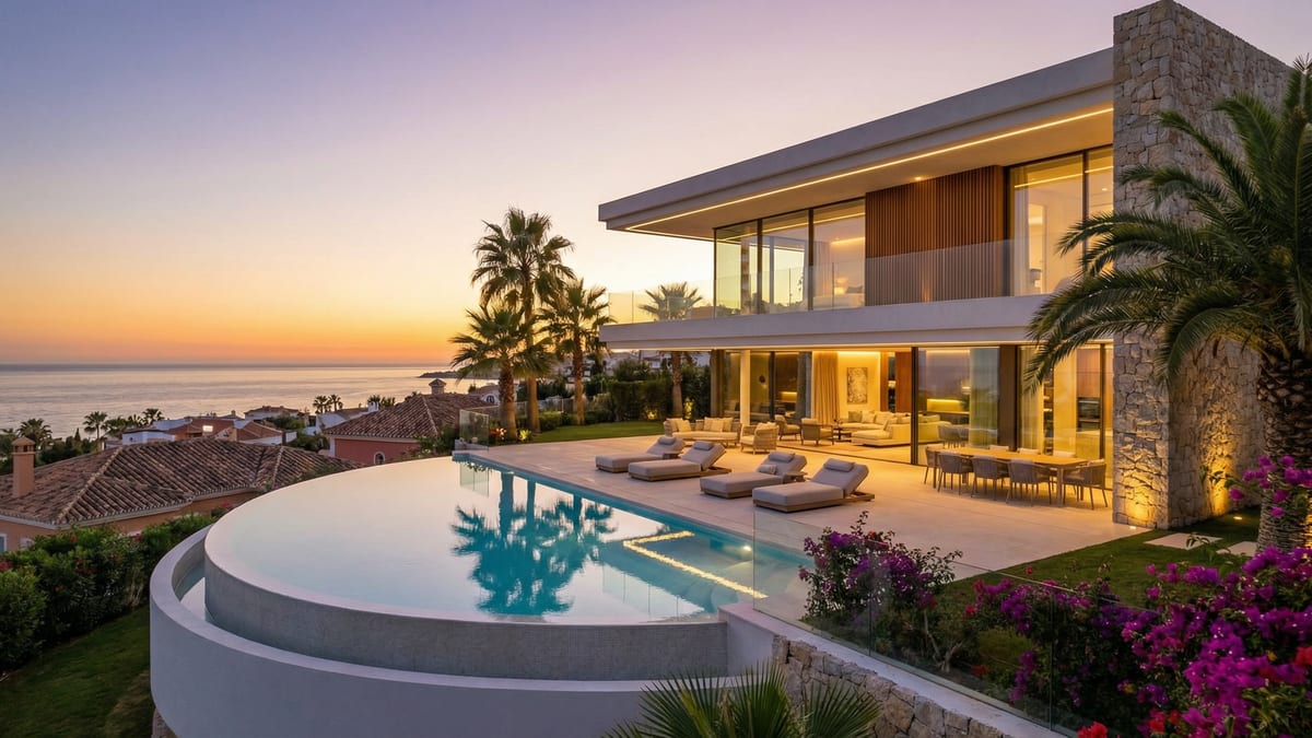 Vue imprenable d'un coucher de soleil sur une villa luxueuse à la Costa del Sol, mettant en valeur son architecture méditerranéenne contemporaine et sa piscine à débordement.