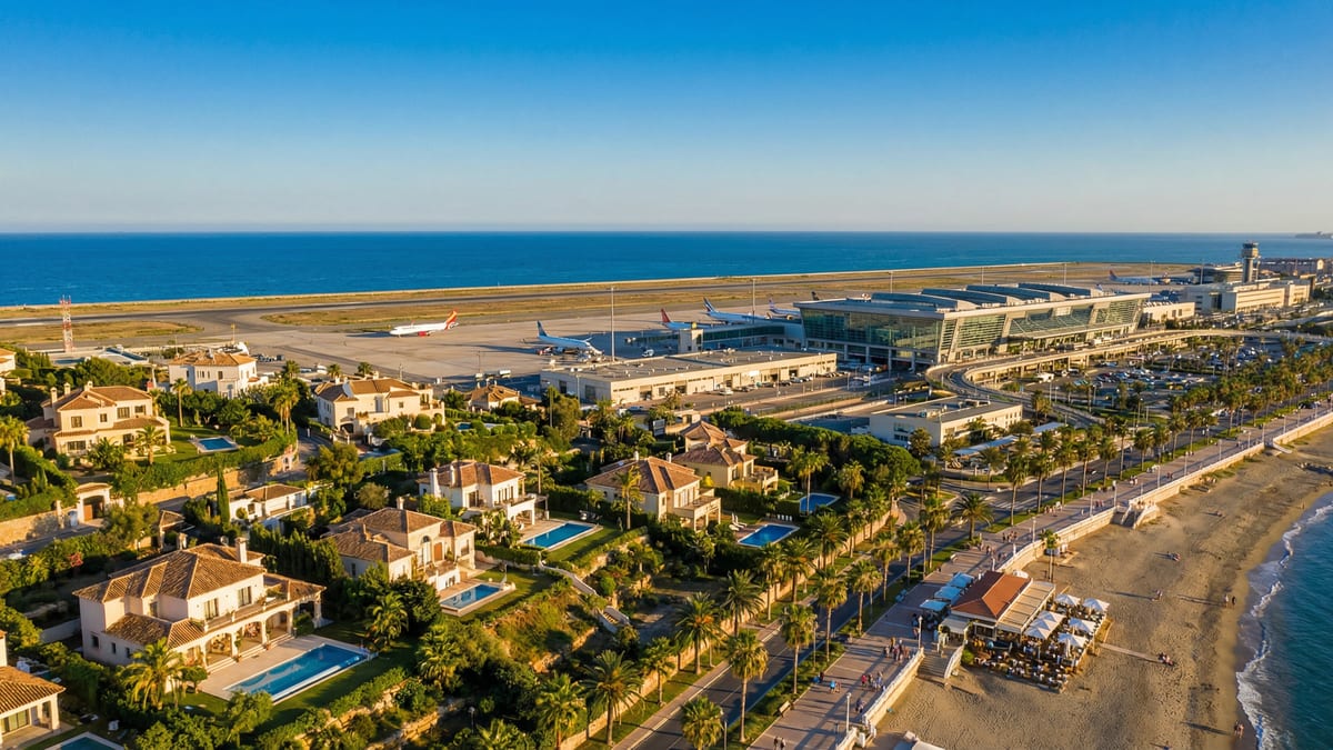 Vue aérienne éblouissante de l'aéroport de Málaga sur la Costa del Sol, entouré de propriétés résidentielles luxueuses et de la mer Méditerranée.