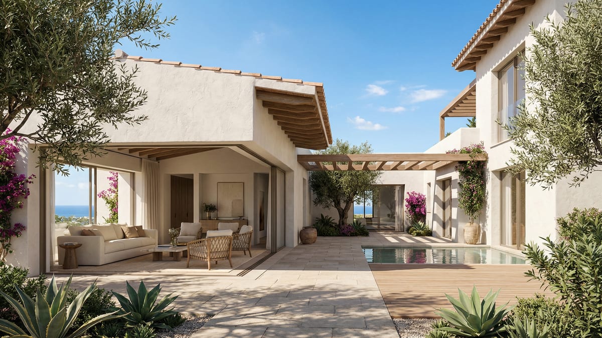 Villa moderne sur la Costa del Sol, alliant éléments méditerranéens et design contemporain, avec façades en plâtre blanc et cour intérieure verdoyante.