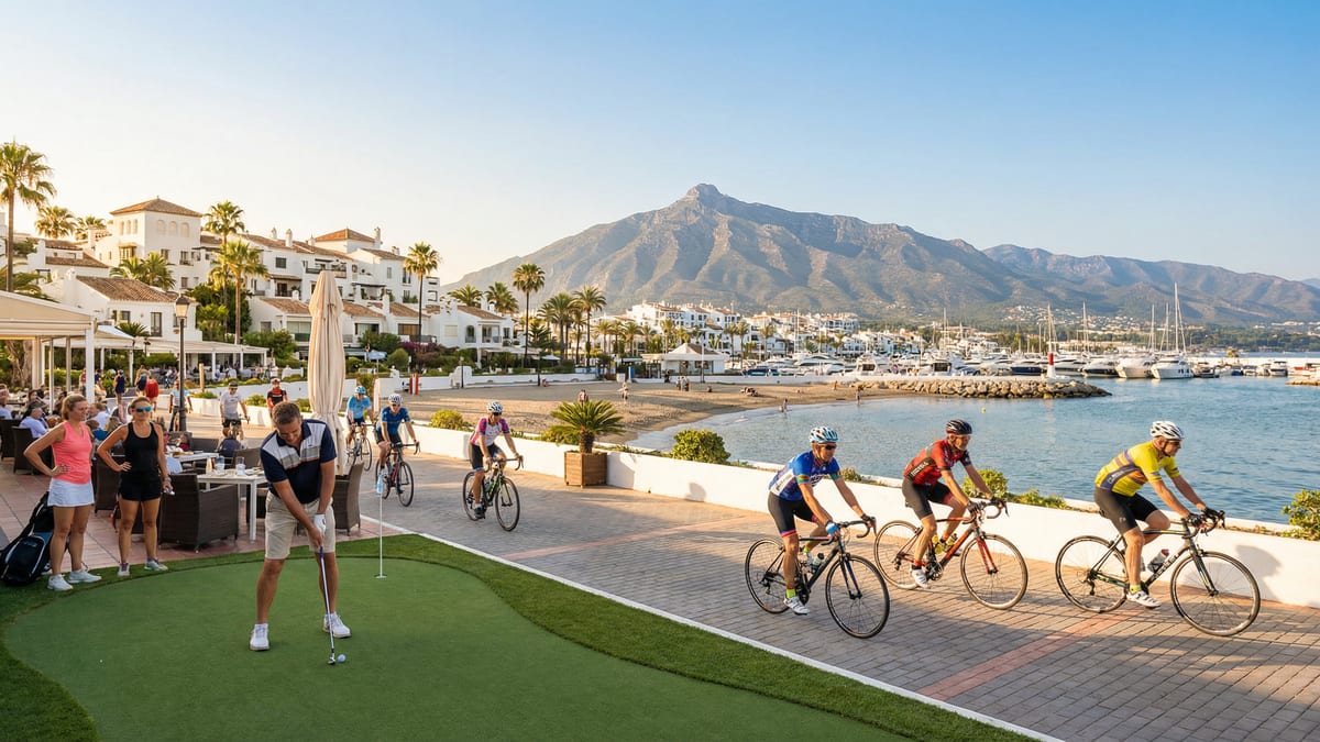 Scène vibrante à Puerto Banús sur la Costa del Sol, avec des golfeurs et des cyclistes profitant d'une journée ensoleillée, La Concha en arrière-plan.