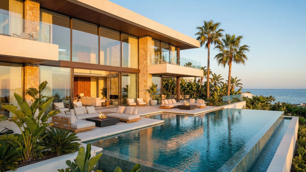 Modern villa Marbella-ban, üvegablakokkal, trópusi kertekkel és végtelenített medencével, gyönyörű mediterrán kilátással.