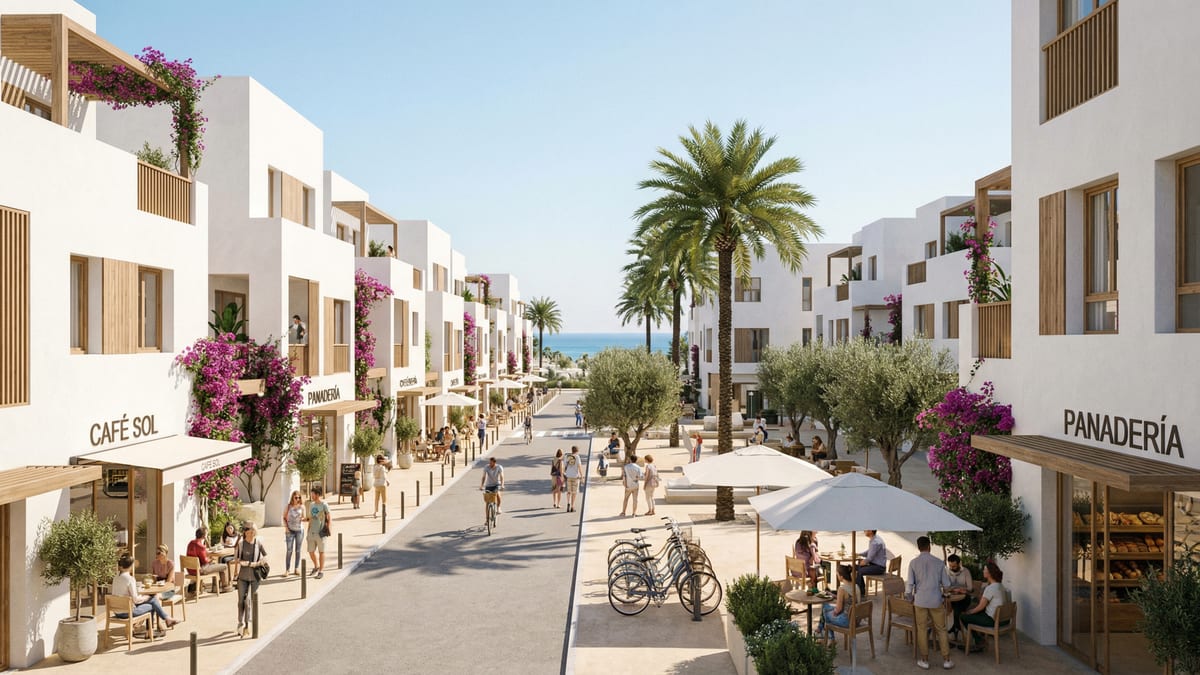 A vibrant pedestrian-friendly neighborhood in Costa del Sol, showcasing modern properties, outdoor cafés, and tree-lined streets, ideal for a car-free lifestyle.