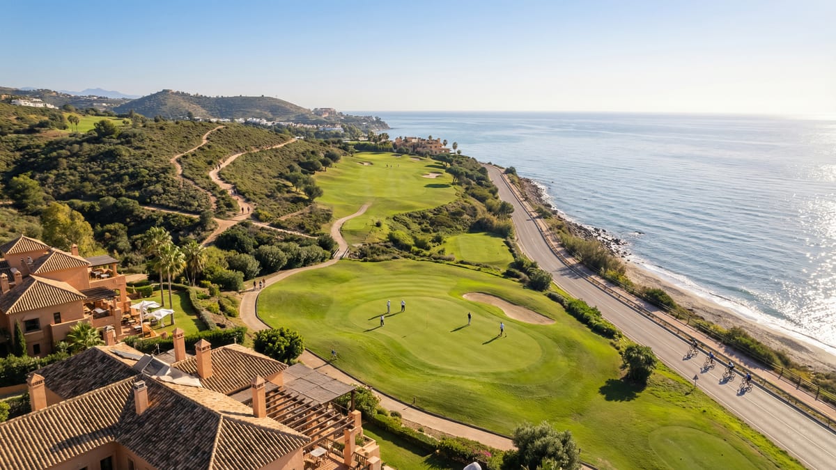 Ilma- ja maisemakuva Costa del Solista, jossa näkyy golfkenttä, vaeltajia ja pyöräilijöitä Välimeren rannalla.