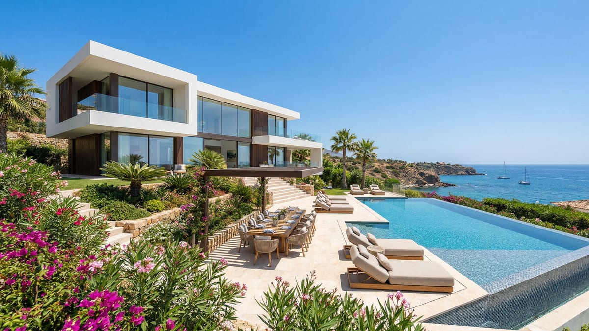 A modern villa in Costa del Sol featuring sleek architecture, expansive glass windows, and a luxurious infinity pool overlooking the Mediterranean coastline.