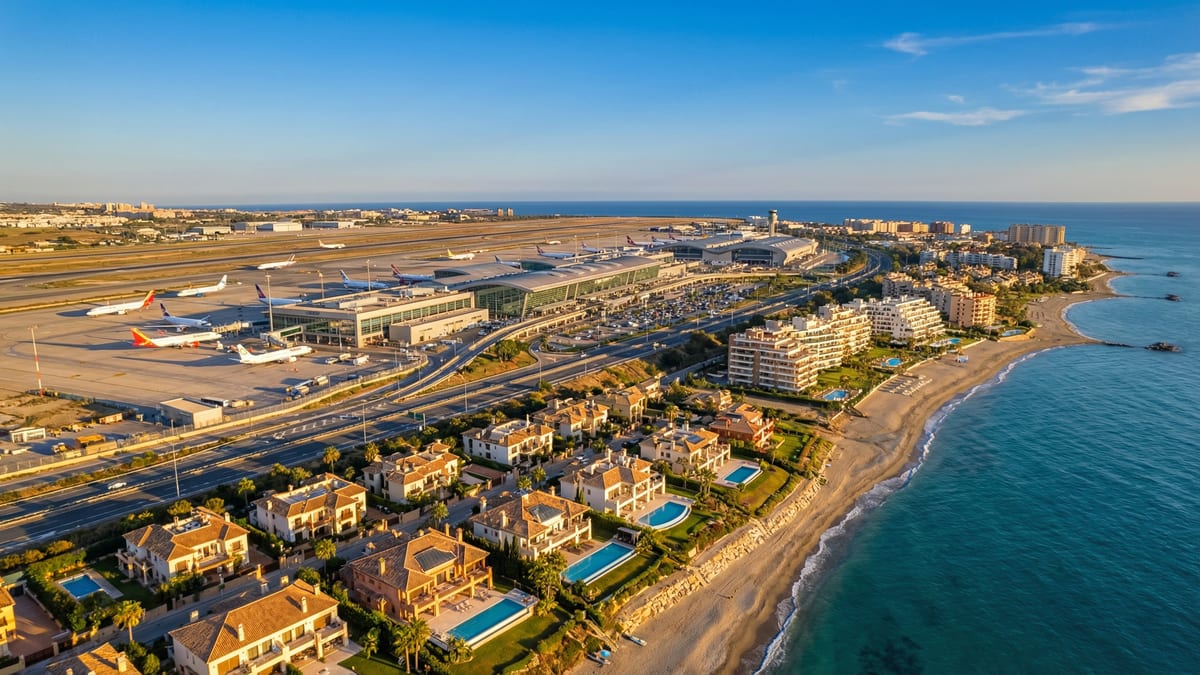 Aerial view of Málaga Airport with modern architecture, jets in flight, and the picturesque Costa del Sol coastline featuring luxury villas.
