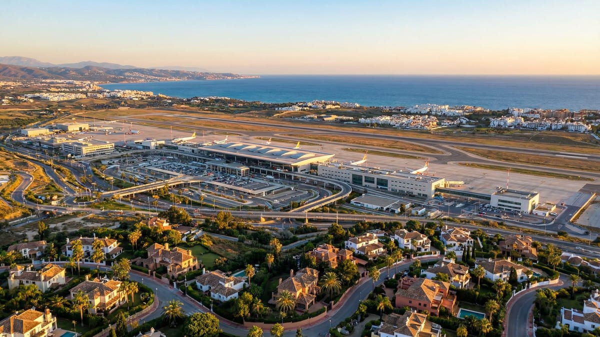 Luftfoto av Málaga lufthavn med moderne arkitektur og rullebaner, omgitt av Costa del Sols vakre kystlinje i gyllen time.
