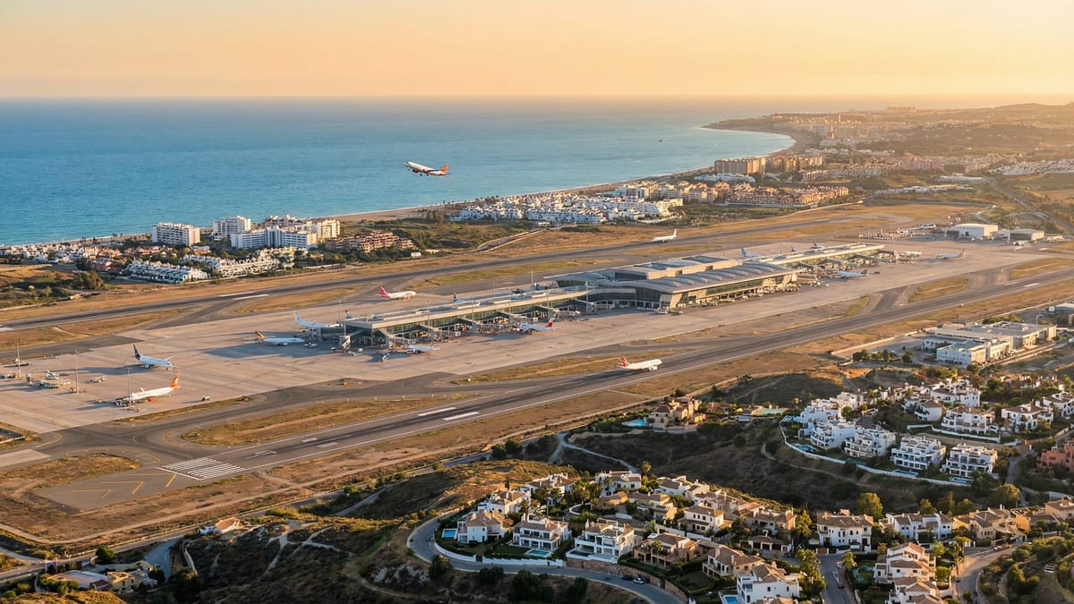 Luftfoto af Málaga Lufthavn med moderne arkitektur og landingsbaner, omgivet af Costa del Sols smukke middelhavsnatur, og nær Torremolinos og Marbella.