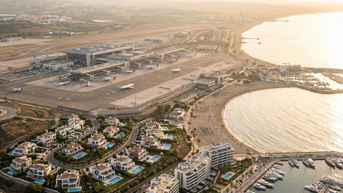 Luftbilde av Málaga Lufthavn med Costa del Sols kystlinje i bakgrunnen, moderne arkitektur og luksuriøse boliger synlig.
