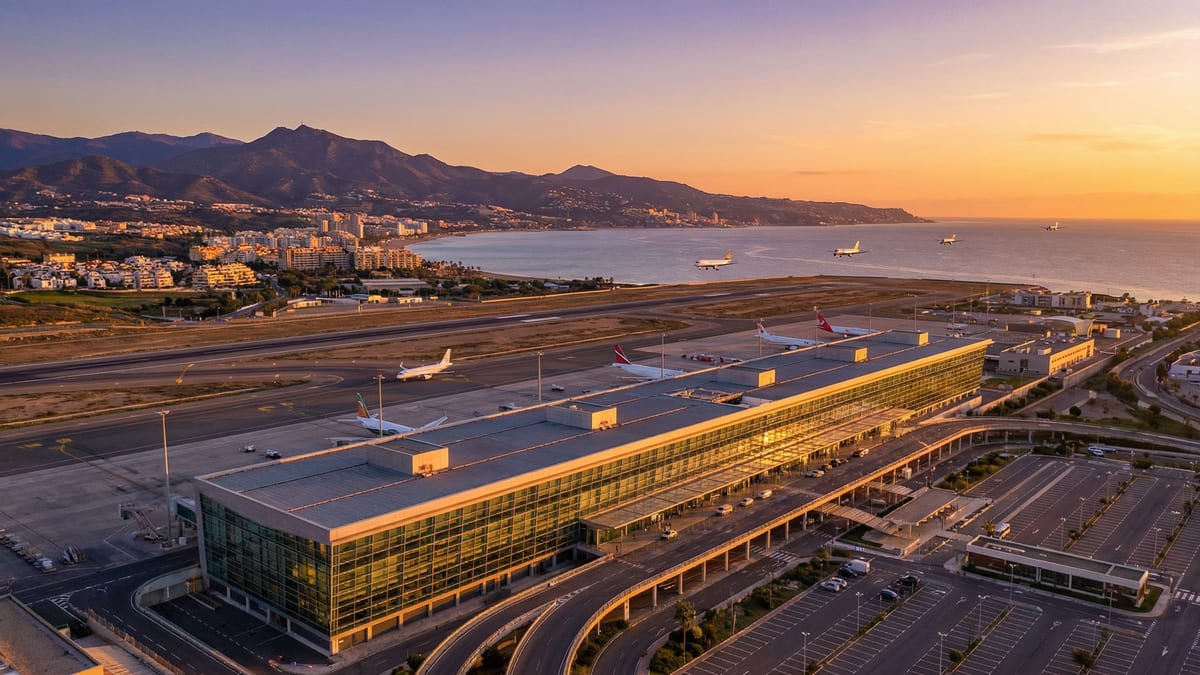 Aerial view of Málaga Lufthavn ved solnedgang, med Costa del Sols kystlinje og byerne Marbella, Benalmádena og Fuengirola i baggrunden.
