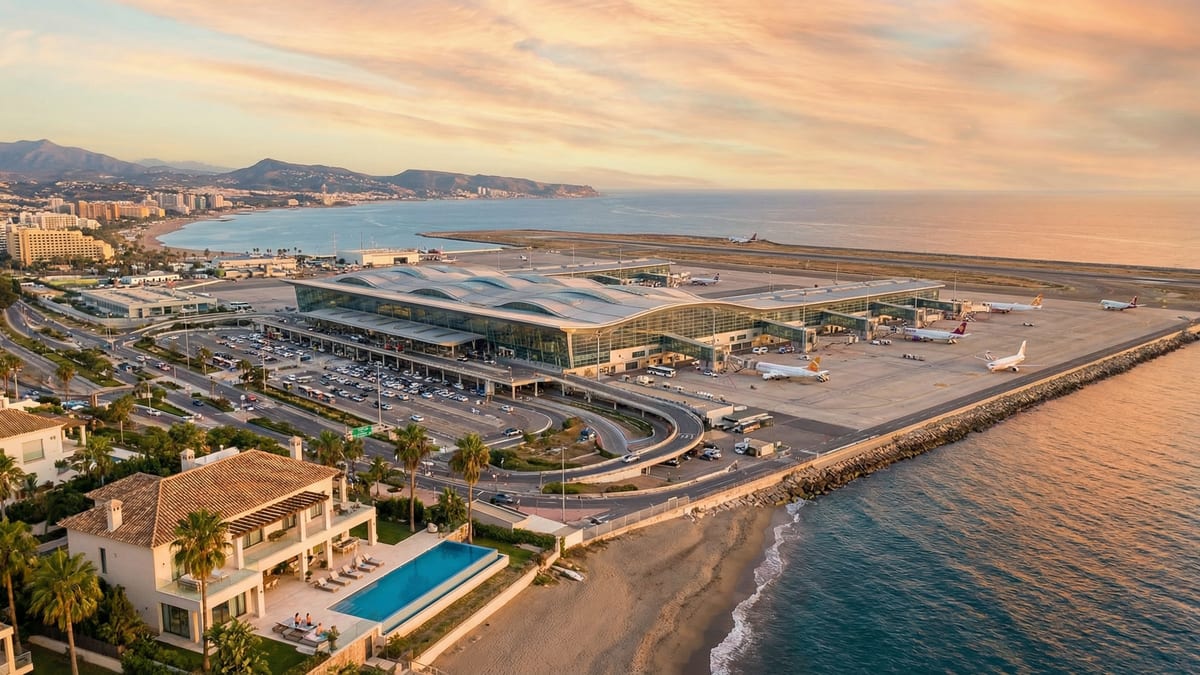 Légifotó a málagai repülőtér felett, a Costa del Sol gyönyörű partvonala és egy luxus tengerparti ingatlan látható a háttérben.