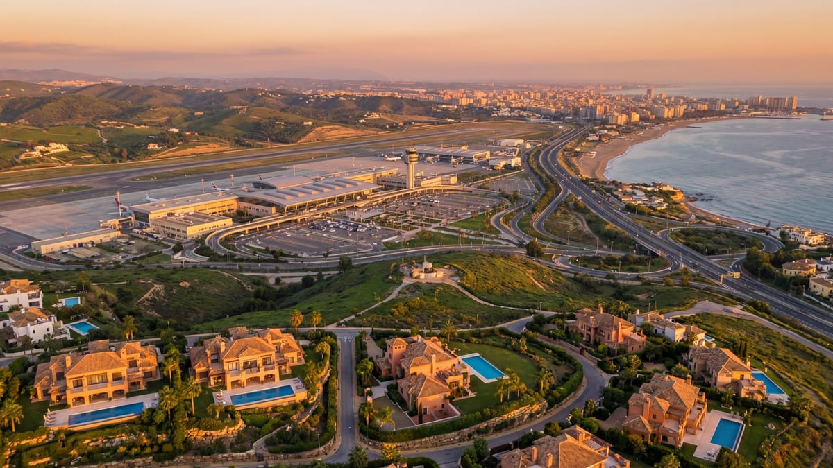 Légifotó a málagai repülőtérről, modern építészetével és a Costa del Sol gyönyörű tengerpartjával a háttérben, prémium ingatlanokkal az előtérben.