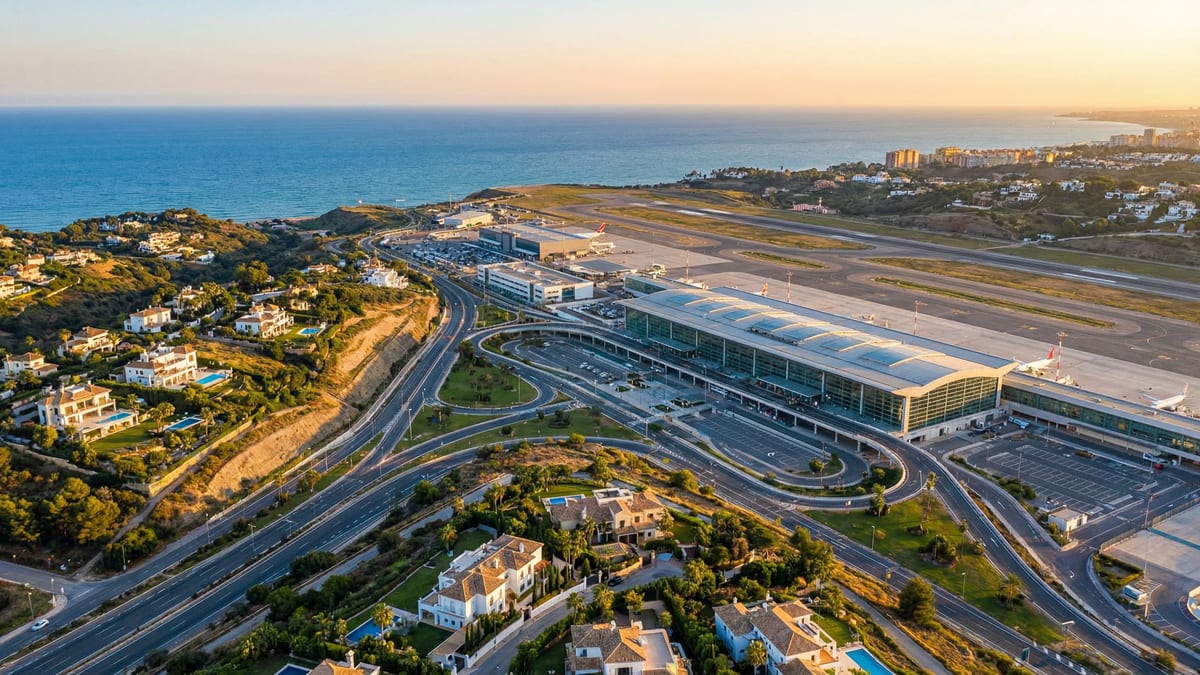 Ilmakuva Málagan lentokentästä Costa del Solilla, modernit terminaalit ja ympäröivä vihreä maisema, luksusvillat ja kirkas meri taustalla.