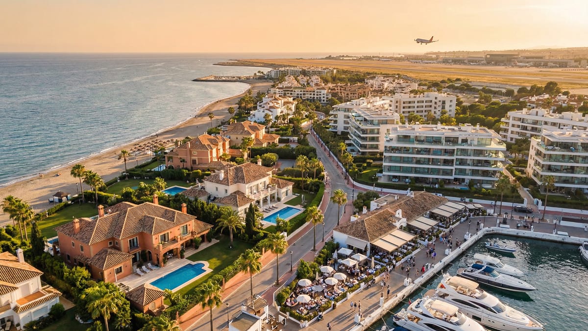 Ilmakuva Costa del Solista, jossa näkyy luksustaloja ja moderneja asuntoja, taustalla Málaga-lentokenttä ja Puerto Banúsin vilkas rantaelämä.