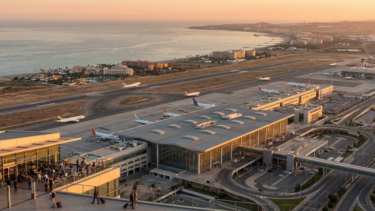 Luftbild av Málagas flygplats med modern arkitektur och Costa del Sols kustlinje i bakgrunden, fångar livligheten och rörelsen vid flygplatsen.