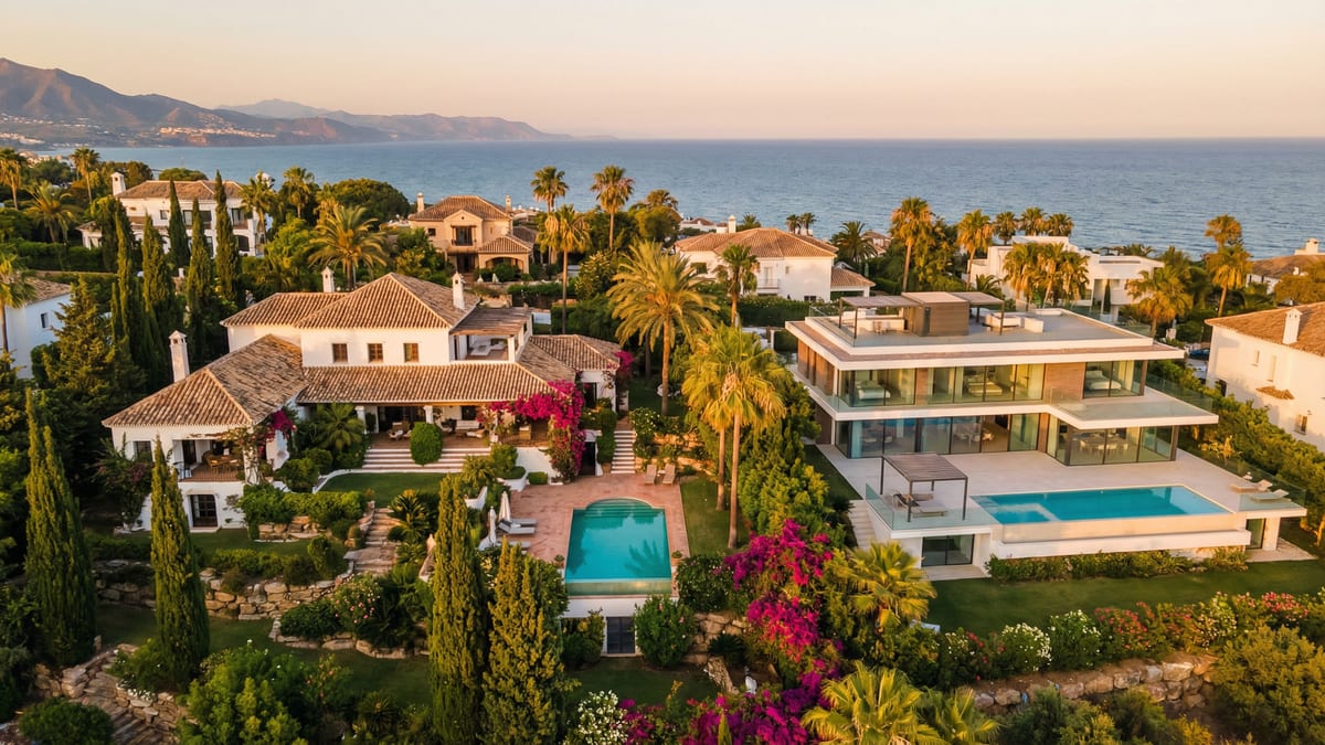 Luchtfoto van Costa del Sol met een mediterrane villa en een moderne woning, omringd door palmbomen en bougainvillea in gouden uurlicht.
