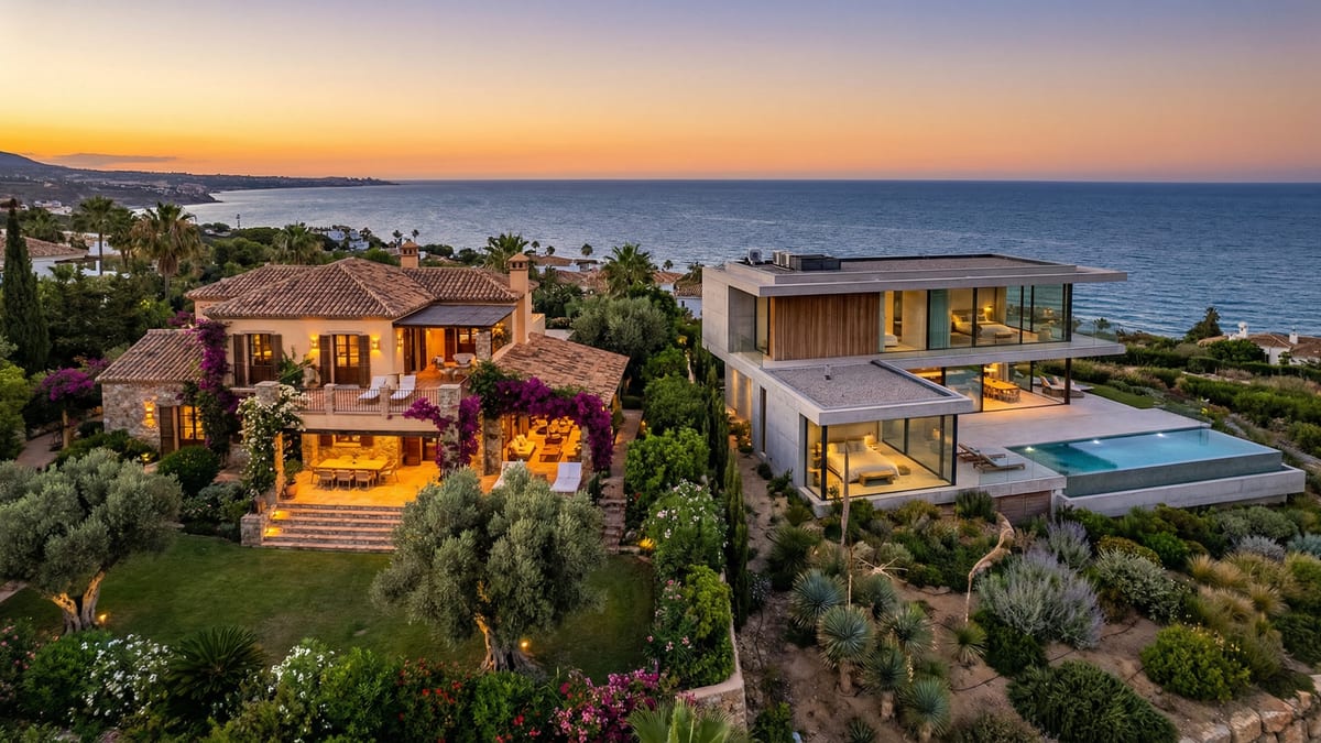 Aftenbillede af en traditionel middelhavs-villa med terracotta tag og en moderne bolig ved Costa del Sol, begge med udsigt til Middelhavet.