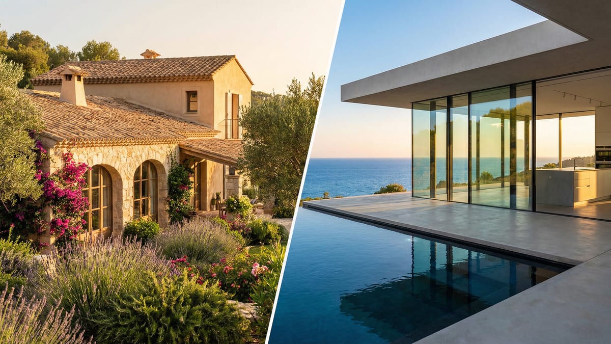 A split-image of a Mediterranean villa with terracotta roofs and a contemporary home with glass panels, showcasing Costa del Sol's architectural beauty.
