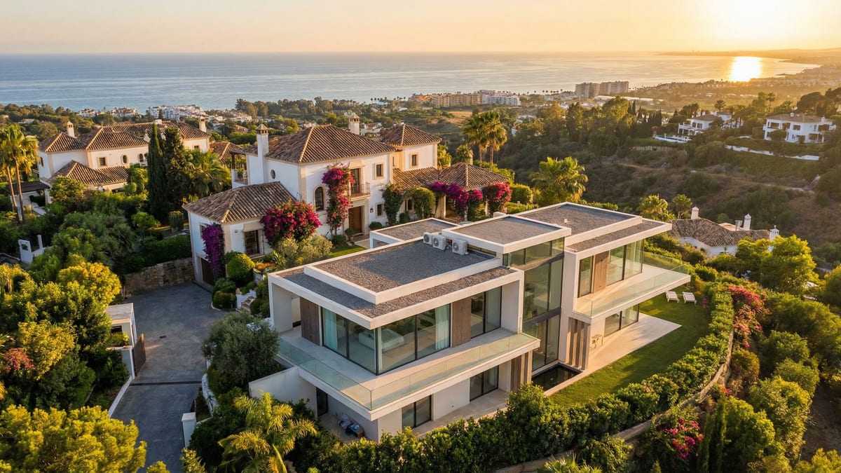 Vue aérienne d'une villa méditerranéenne luxueuse avec toiture en tuiles et maison contemporaine sur la Costa del Sol, Espagne, au coucher du soleil.