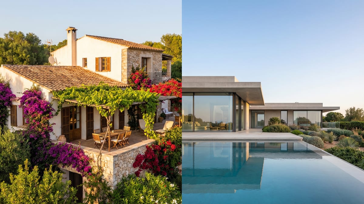 En vakker sammensatt bilde av middelhavsvilla med terrakottatak og moderne bolig i Costa del Sol, som fremhever arkitektonisk kontrast.