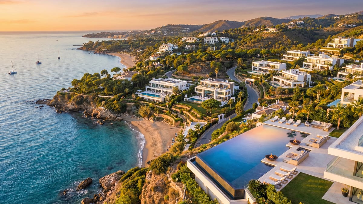 Vue aérienne époustouflante de la Costa del Sol, montrant des villas modernes à Marbella et Benahavís, avec des eaux turquoise et des plages dorées.