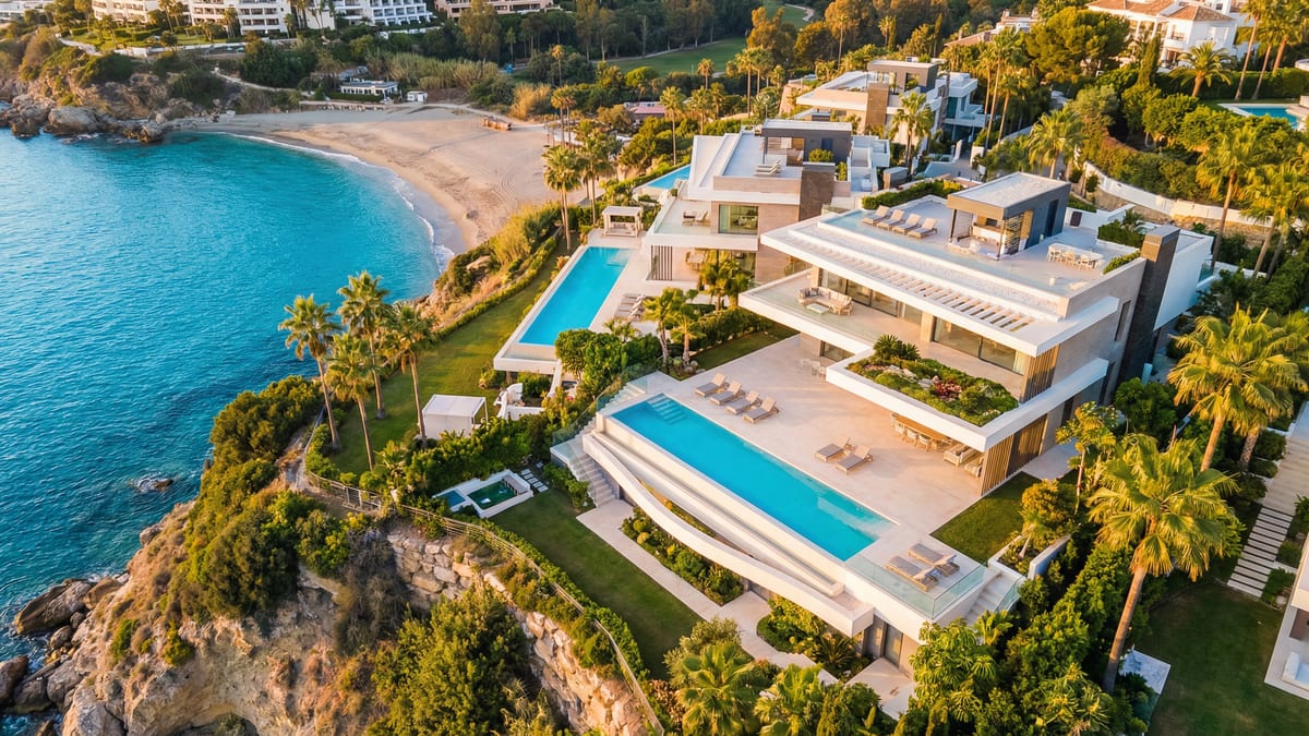 Luftbilde av luksuriøs merkevarebolig på Costa del Sol med moderne arkitektur, terrasser med havutsikt og palmer.