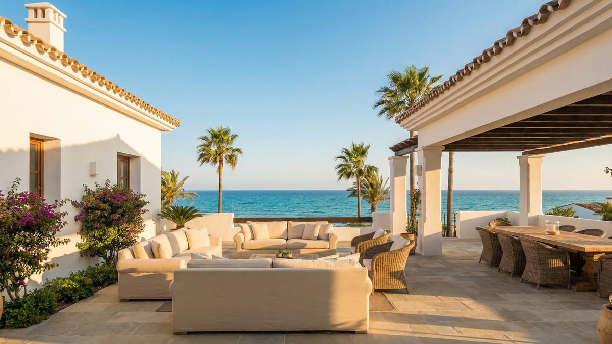 Modern mediterrán stílusú tengerparti ingatlan a Costa del Sol-on, fehér vakolt falakkal és terrakotta tetőkkel, gyönyörű terasszal.