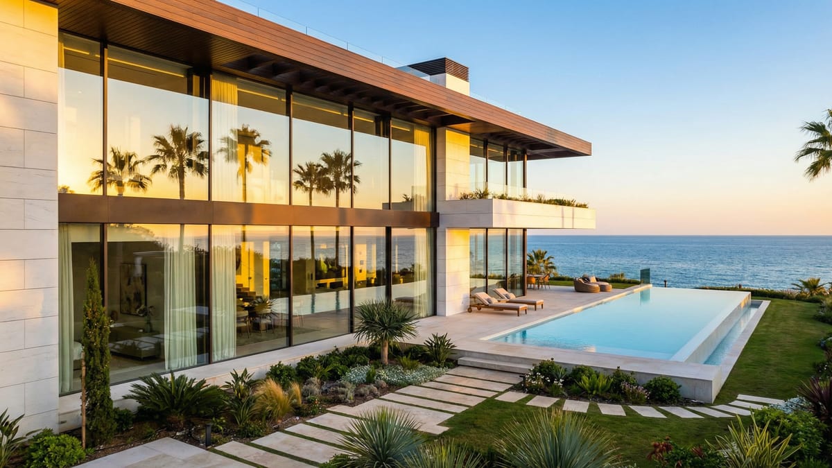 Upea kuva luksusbränditystä asunnosta Costa del Solissa, modernia arkkitehtuuria ja merimaisemaa.