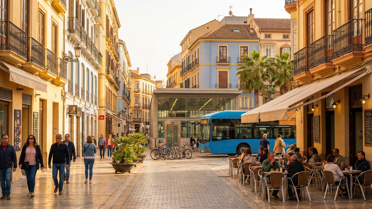 Tętniąca życiem ulica w Málaga Centro, z pieszymi na słonecznych chodnikach, nowoczesnym transportem publicznym i kawiarniami na świeżym powietrzu.