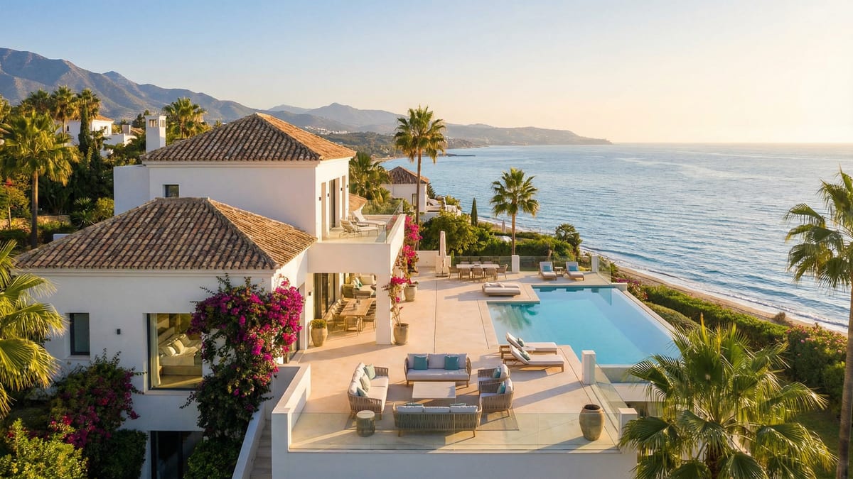 A luxurious beachfront property on the Costa del Sol featuring modern Mediterranean architecture, expansive terrace, and stunning sea views.