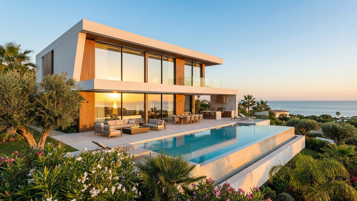 A luxurious new-build villa on the Costa del Sol, featuring modern architecture and an infinity pool, surrounded by lush greenery at golden hour.