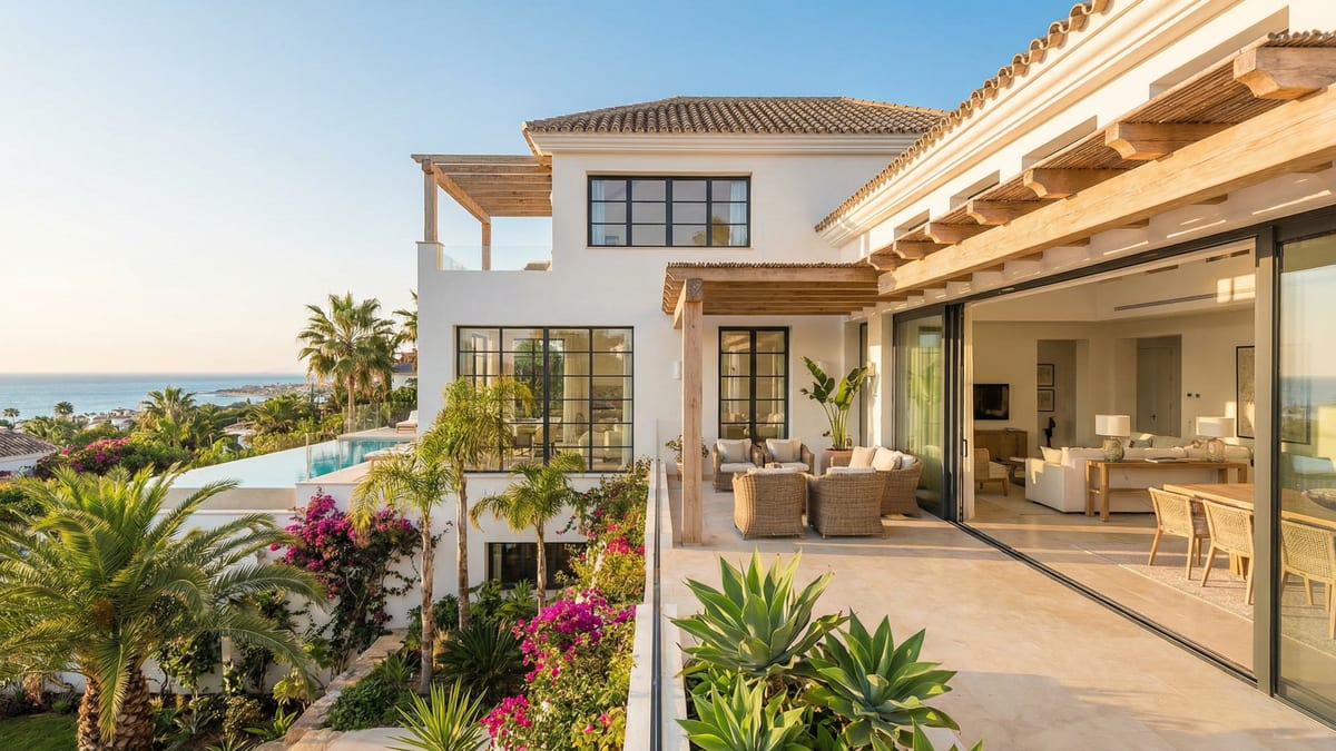 A modern Mediterranean-style villa on the Costa del Sol featuring white-washed walls, lush landscaping, and stunning coastal views.