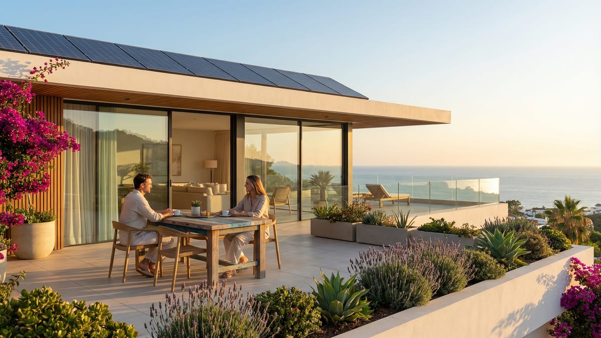 A sunlit terrace of a modern energy-efficient villa in Costa del Sol, Spain, featuring a couple enjoying coffee with stunning Mediterranean views.