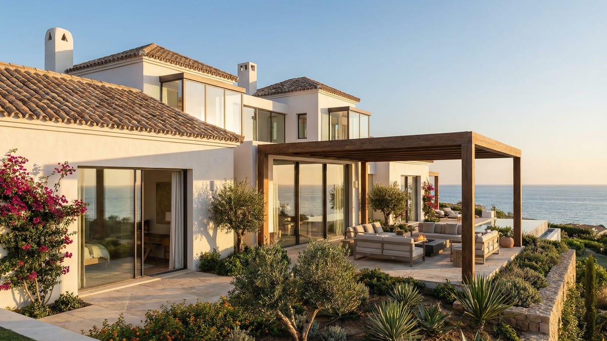 Elegant villa på Costa del Sol med vitkalkade väggar och moderna glaspartier, omgiven av medelhavsväxter och havsutsikt.