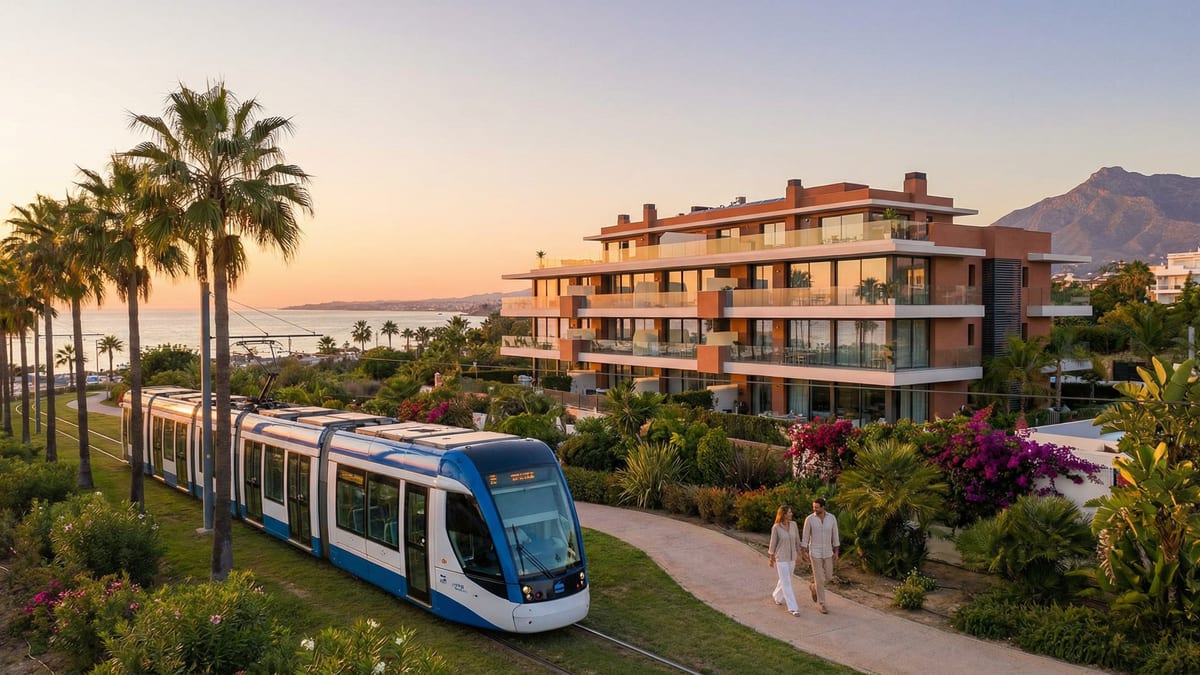 Modern spårvagn glider längs Costa del Sols kustväg med palmer, med en samtida bostadsbyggnad i bakgrunden under gyllene timmen.