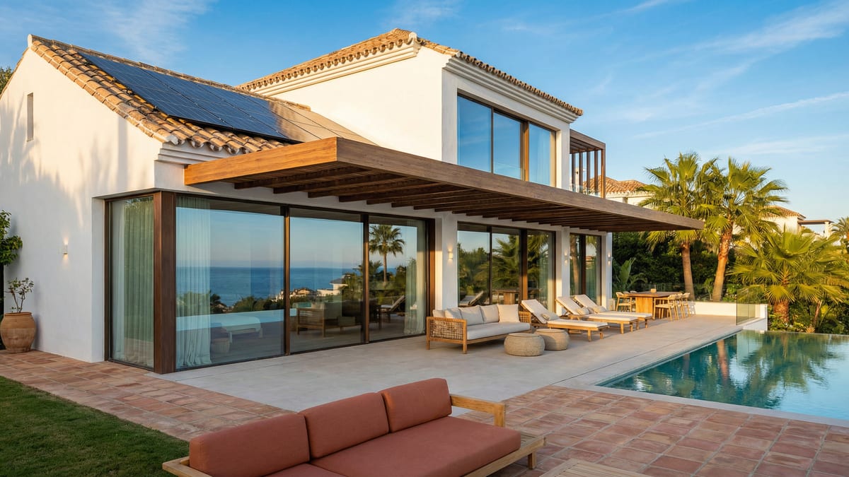 En moderne middelhavsvilla på Costa del Sol som kombinerer tradisjonell hvitkalket arkitektur med moderne design, omgitt av grøntområder og palmer.
