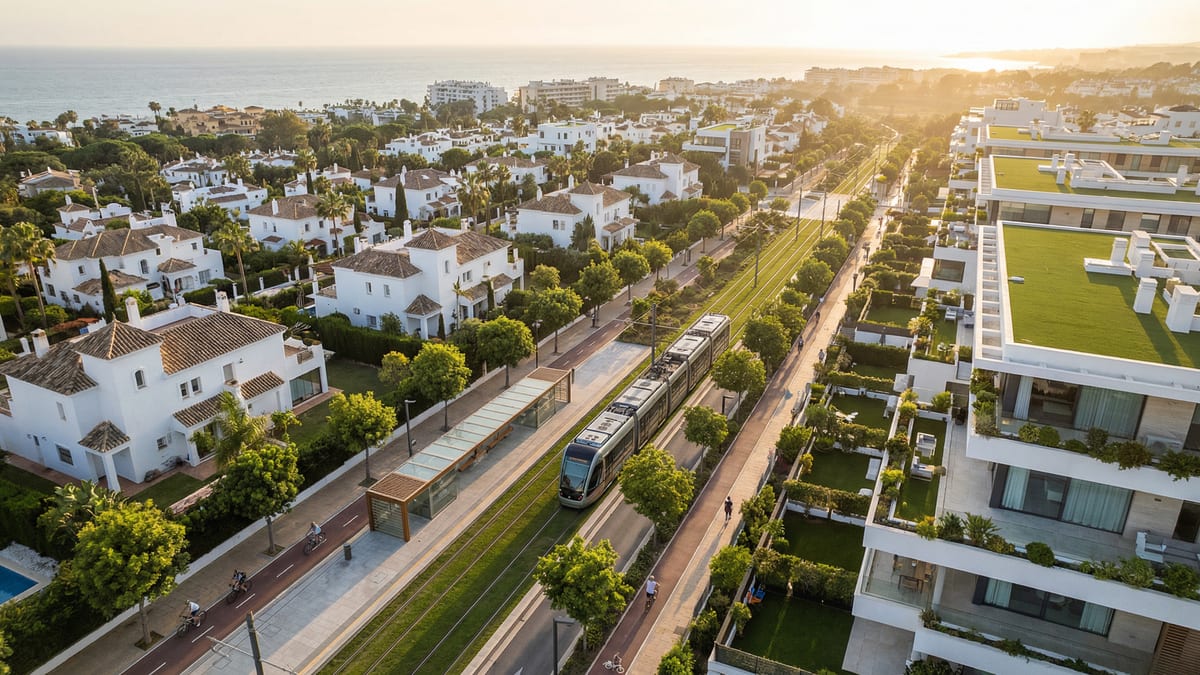 Upea ilmakuva modernista Costa del Solin kaupunginosasta, jossa näkyy sähkötrampeja ja parannettuja bussipysäkkejä, kauniit valkoiset rakennukset ja vihreät puut.