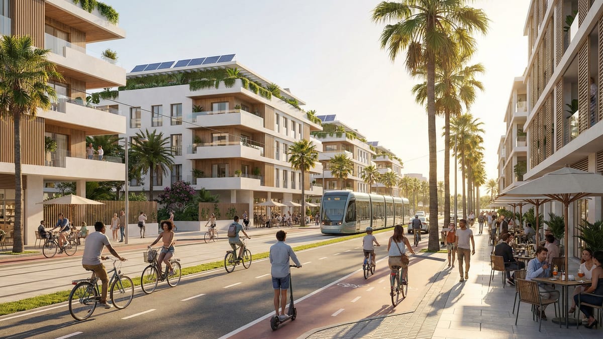 Nowoczesna ulica na Costa del Sol z eleganckimi budynkami mieszkalnymi, rowerami, hulajnogami elektrycznymi i tramwajem, w słonecznym otoczeniu.