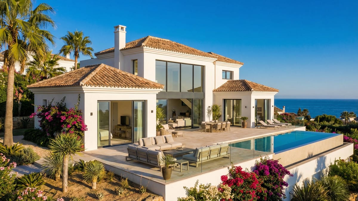Nowoczesna willa w stylu śródziemnomorskim na Costa del Sol z białymi ścianami, tarasem i otoczeniem palm oraz bougainvillea.