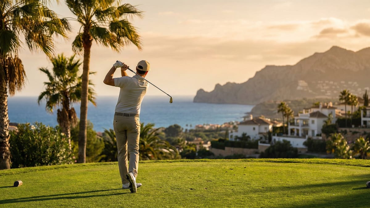 Golfista uderzający piłkę na zielonym polu golfowym z widokiem na wybrzeże Costa del Sol, palmami i błękitnym niebem.