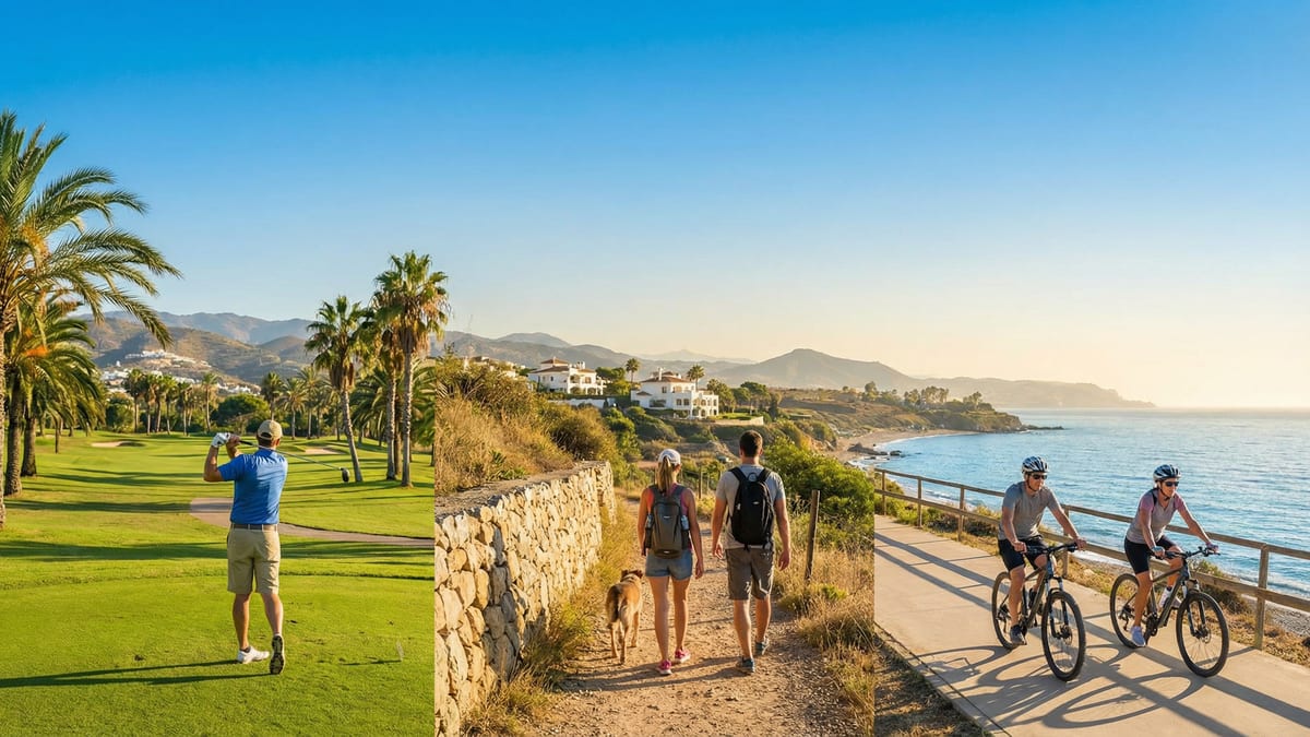 Widok na słoneczne pole golfowe w Costa del Sol z zielonymi fairwayami, palmami i grupą osób uprawiających różne sporty na świeżym powietrzu.