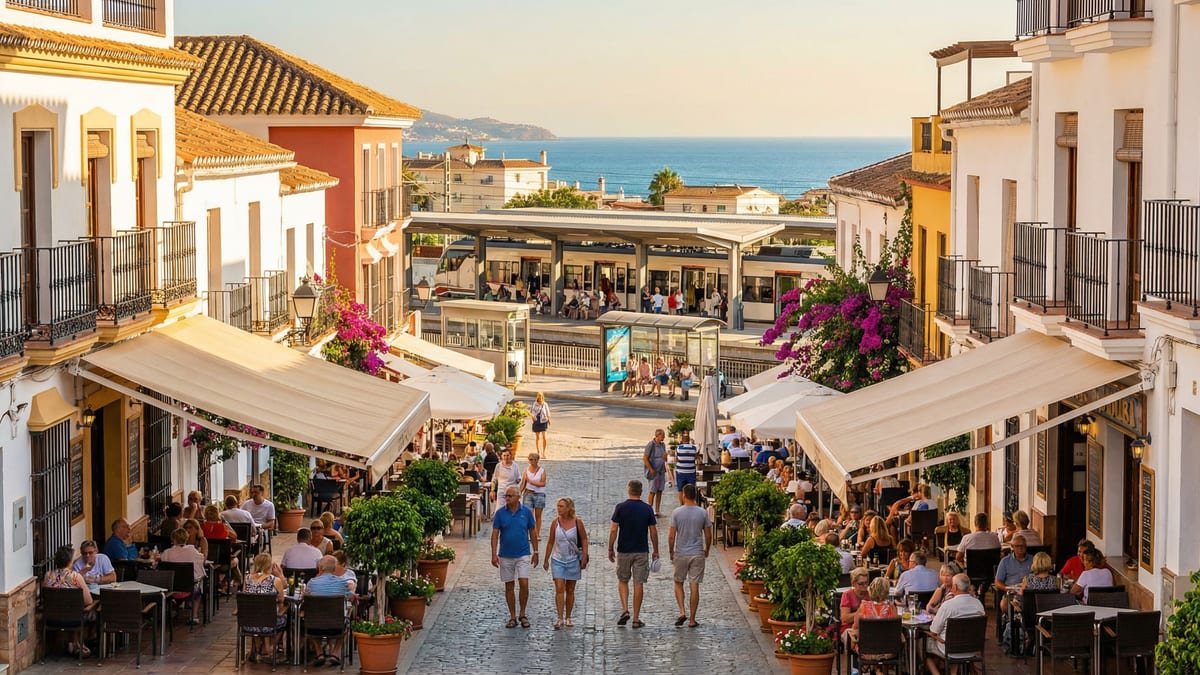 Bunte Fußgängerzone in einem Küstendorf an der Costa del Sol, mit Menschen in Cafés, mediterraner Architektur und Blick auf das Meer.