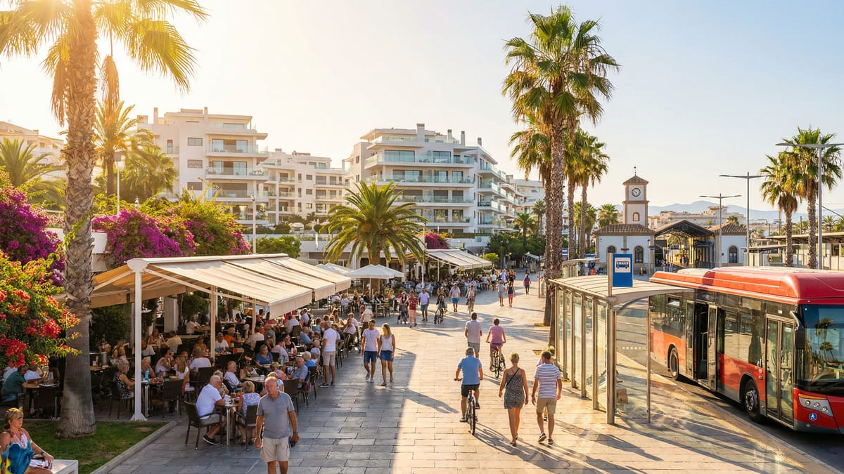 Drukke promenade aan de Costa del Sol met mensen die genieten van cafés en bloemen, inclusief een bushalte en treinstation voor goede verbindingen.