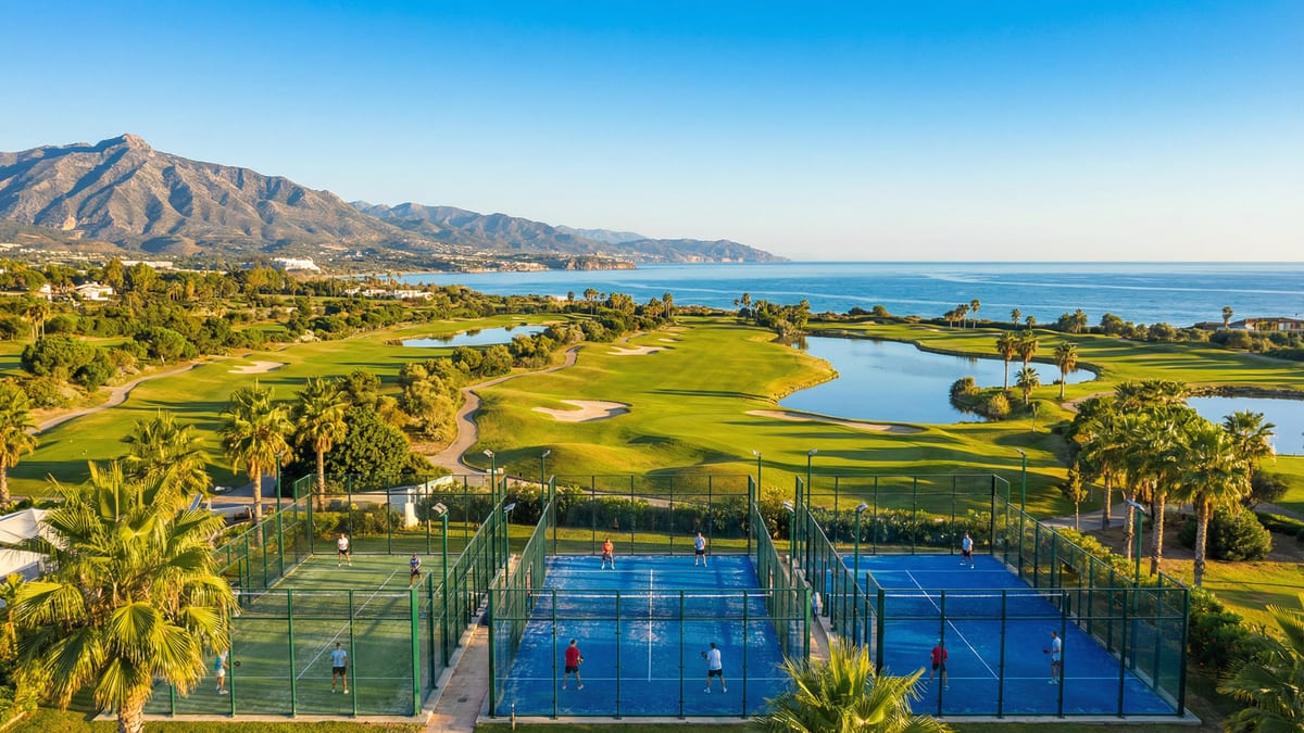 Luchtfoto van een weelderige golfbaan aan de Costa del Sol met padelspelers, palmbomen en de Middellandse Zee op de achtergrond.