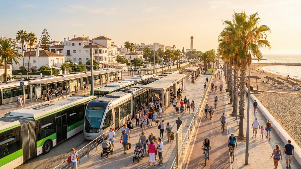 Travl offentlig transport hub på Costa del Sol med moderne tog og busser, mennesker i forskellige baggrunde og smuk middelhavskultur.
