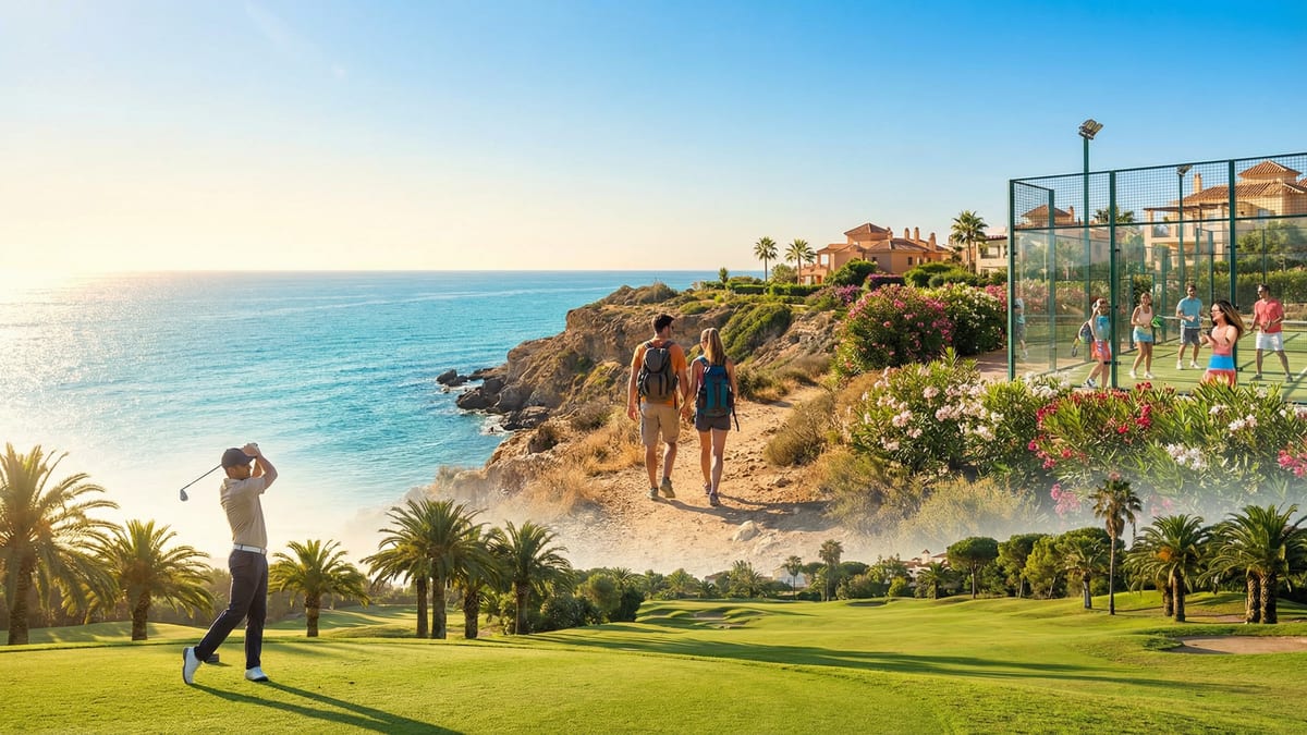 En livlig udendørs scene i Costa del Sol med aktive personer der spiller golf, vandrer og spiller padel under den klare himmel og sollys.