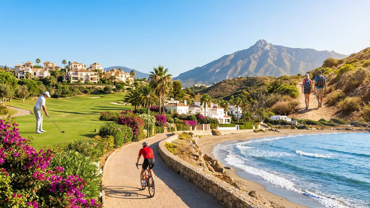 En livlig Costa del Sol-scene med utendørs sportsentusiaster: en golfspiller som slår, en syklist langs kysten, og fotturister med La Concha i bakgrunnen.