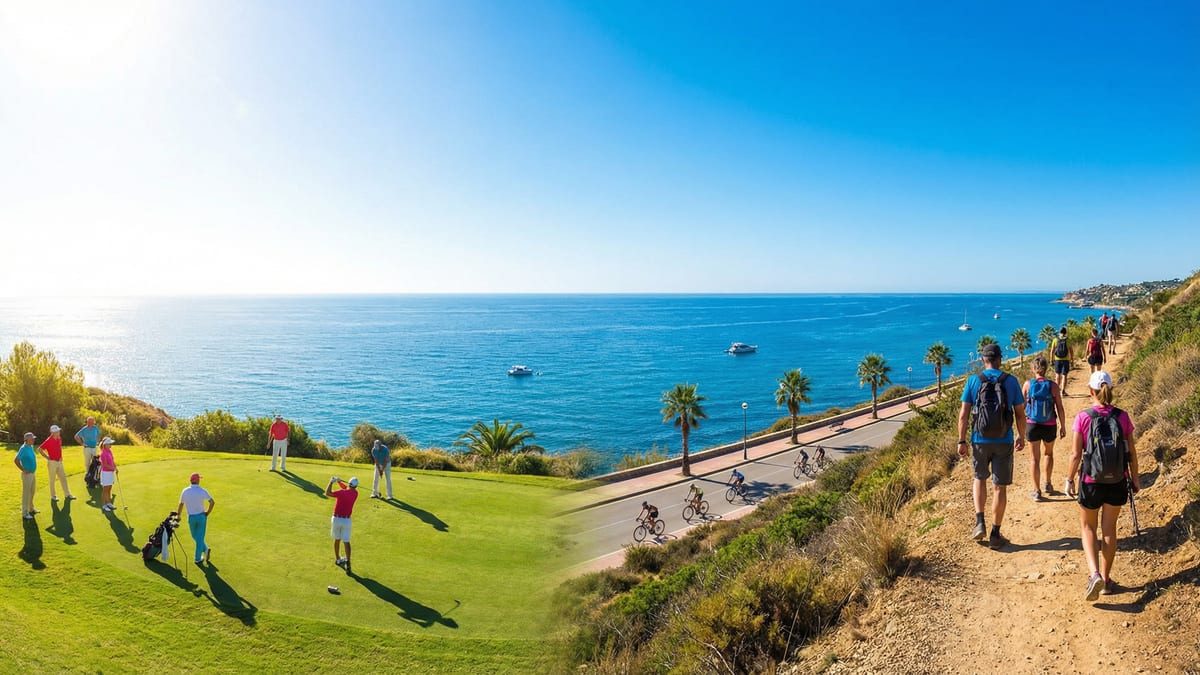 Folk nyter utendørsaktiviteter på Costa del Sol, med golfspillere, turgåere og syklister ved den vakre middelhavskysten.