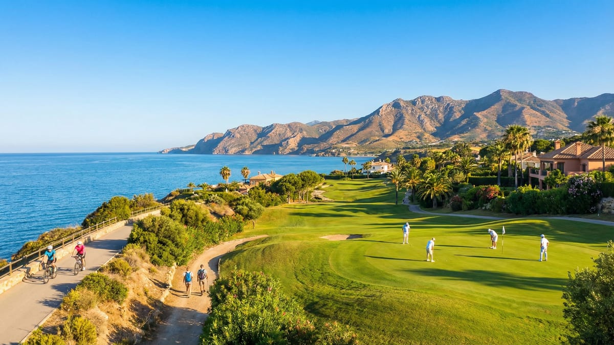 Golfiści grający na słonecznym polu golfowym na Costa del Sol, z widokiem na góry i Morze Śródziemne. Obok rowerzyści i piesi w pięknej scenerii.
