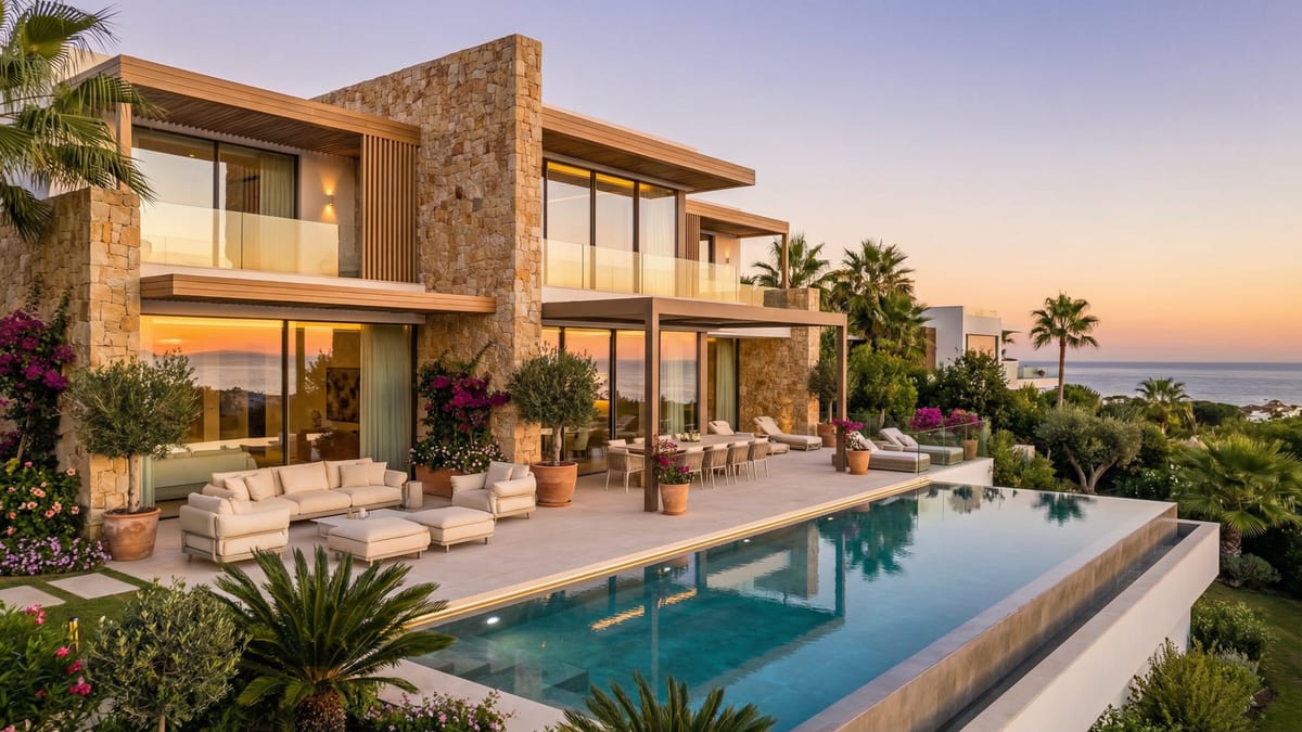 Luksusowa rezydencja na Costa del Sol o nowoczesnej architekturze, otoczona bujną zielenią, z widokiem na Morze Śródziemne i zachód słońca.